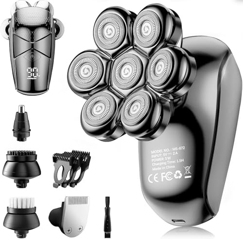 EenaPey Electric Head Shavers for Men：5 in 1 Electric Razor for Bald Men with 7D Floating Head-IPX7 Waterproof Wet/Dry LED Display and Type C Rechargeable Grooming Kit Used for Face/Head/Scalp