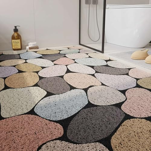 Surwin Tappetino Doccia Antiscivolo PVC, Motivo Pietra Tappeto Doccia Morbida in Luffa Asciugatura Rapida Tappetino da Bagno con Fori di Scarico Tappeto Bagno Lavabile (Ciottolo,40x60cm)