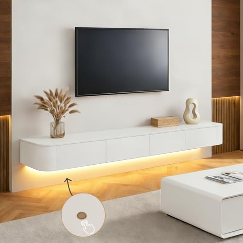 Mueble TV Suspendido Moderna con luz LED | Consola de Medios de Entretenimiento Montada en la Pared | Banco de TV con Gran Capacidad de Almacenamiento para Sala de Estar y Oficina (Blanco, 220cm)