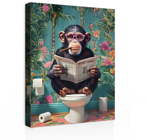 Galmcook Quadro da parete su tela con cornice, divertente scimmia sul WC, stampa umoristica per bagno, ospiti, WC o toilette, decorazione da parete con ganci e chiodi, 30 x 40 cm