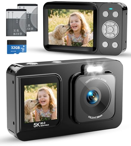 Digital Camera 5K 80MP with 32G SD Card, Front and Rear Dual Screens, 18X Digital Zoom Mini Compact Portable Vlogging Camera, 2 Batteries, for Kids Teen Students Girl Boy Beginner (Black)