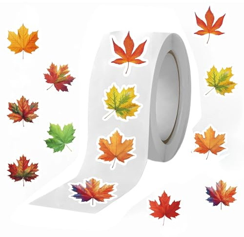 Pegatinas de Hojas de Otoño | 500 Piezas Pegatinas de Hoja de Arce para Sellar Sobres | Rollo de Calcomanías para Botella de Agua, Scrapbook, Planner, Manualidades | Otoño y Acción de Gracias