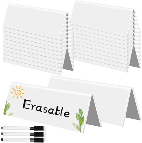 20 Pack Name Tent Cards, Acrylic Dry Erase Table Name Cards with Markers | Reusable Design, Blank White Place Cards for Weddings, Meetings, Classrooms and Buffets, 22 x 7cm