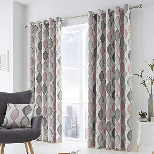 Fusion Lennox 100% Cotton Eyelet Lined Curtains, Grey/Blush, 46 x 72 Inch