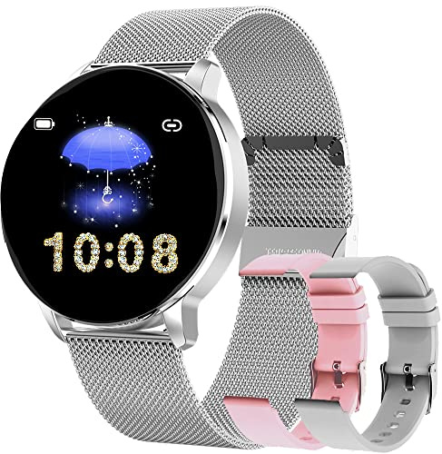 Smartklocka dam, fitness tracker män med blodtrycksmätning, fitness, armbandsur med pulsklocka, sömnmonitor, IP67, vattentät, sportklocka, stegräknare för Android och iOS (silver)