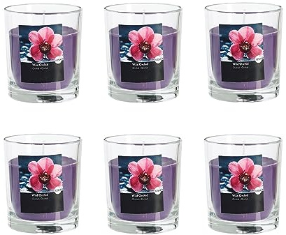 Doftljus i glas i set om 6 – ljus, advent, rumsdoft – inget sot – brinntid: 25 timmar - många doftaromer – 7,0 x 7,7 cm (aubergine – doft: vild orkidé)