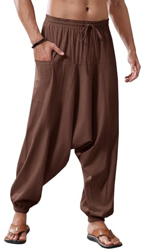 Runcati herr bomull harembyxor säckig hippie casual linne yogabyxor strand djup steg byxor