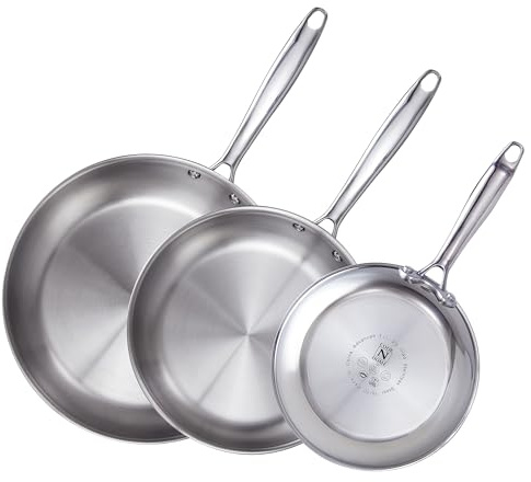 Cook N Home Juego de sartenes de acero inoxidable, sartén de acero inoxidable 18/10 con revestimiento de tres capas, sartén de acero inoxidable 18/10, utensilios de cocina de inducción, 3 piezas