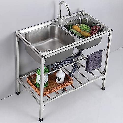 2-fack diskbänk camping diskbänk multifunktionell allt-i-ett-kit, kökshandfat för catering, handfat, 304 rostfritt stål handfat, dubbel tank med kran