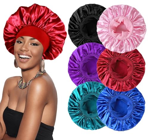 FOUNSHO 6 Pièces Bonnet Satin Cheveux Nuit pour Dormir, Élastique Souple Bonnet Satin en Soie pour Femme Hommes et Fille, Adapté pour Protection Cheveux Longs/Raides/Bouclés (6PCS)