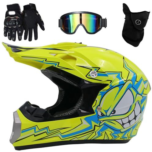 Casco da Motocross Per Bambini, Casco Integrale da Fuoristrada, Per Scooter, Per Downhill, BMX, MTB, ATV, Quad, Dirt Bike, con Occhiali, Guanti E Maschera, Omologato DOT(Yellow sun moon,L(56-57cm))