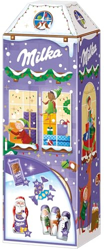 Milka 3D Haus Adventskalender mit zarten Alpenmilch-Schokoladenfiguren – dekoratives Winterhäuschen – 223g