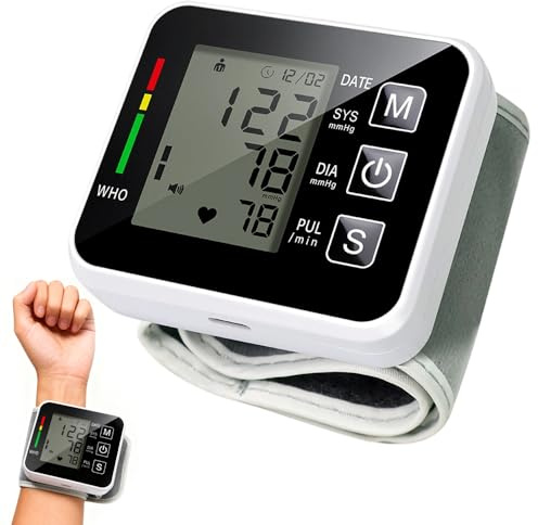 Tensiometro de Muñeca, Medidor Tension Arterial con Pantalla LCD y Mensaje de Voz en Inglés, Puño Ajustable, Tensiometro Muñeca para Uso Doméstico o en Movimiento
