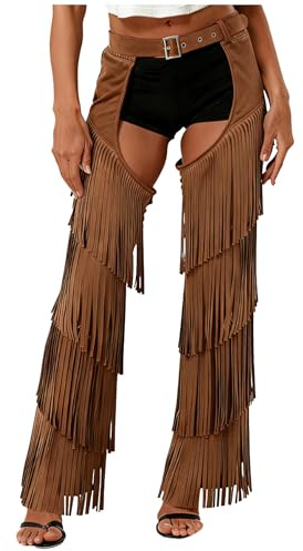 iiniim Pantalon Chaps De Cow-Boy avec Franges Femme Pantalon Ouvert Entrejambe Costume Cow-Girl Occident Marron Foncé M