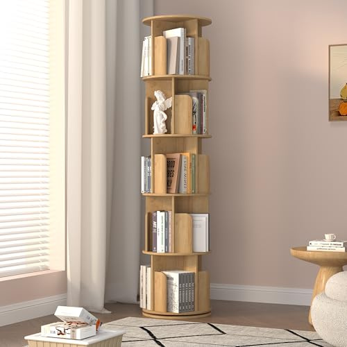 Jpiziso Bibliothèque Rotative Ronde 360° Pivotante, Étagère Livre à 5 Niveaux, Meuble de Rangement Moderne en Bois pour Salon, Chambre, Bureau, Chambre d'enfant, Chêne Naturel, 40 x 169 cm