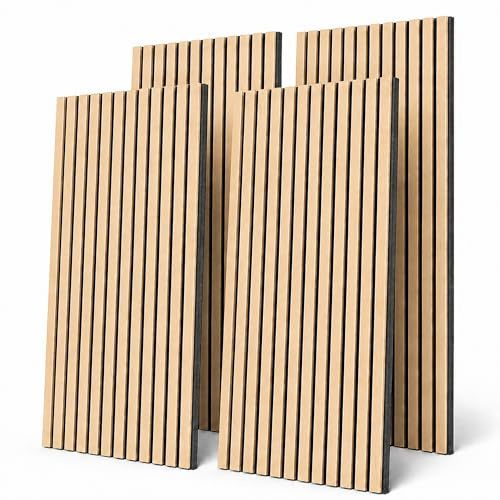 Set med 4 stycken ljudabsorberande paneler, fanerat trä, 60 x 120 cm, dekorativa paneler för 3D-väggar, akustiska paneler för tak, vardagsrum och kontor, naturlig ek