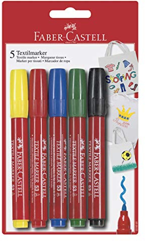 Faber-Castell 159505 - Textilmarker 53, 5er Packung, je 1x gelb, rot, blau, grün, schwarz