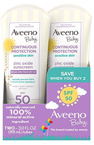 Aveeno Baby Continuous Protection Zinc Oxide Mineral Sunscreen Lotion With Broad Spectrum SPF 50, 3 Fluid Ounce (2 Pack)