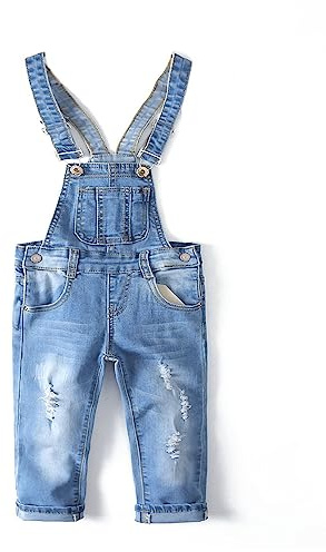 KIDSCOOL SPACE Salopette di Jeans da Bambina,Pantaloni Slim Carini in Denim Srappato da Bambino,Azzurro,6-7 Anni