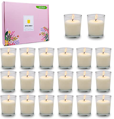 20 Packs Unscented White Votive Candles in Glass, Small 2 Inch Natural Soy Wax Non-Toxic Plain Clean Burning Candles for Wedding Table Home Spa Holidays Party