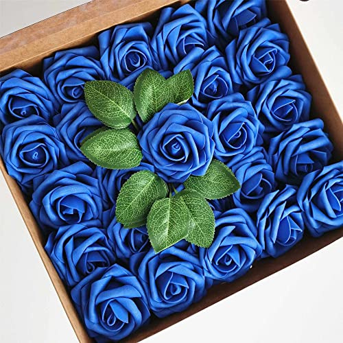 HAOSHICS 25 fiori artificiali, rose finte con gambo per bouquet da sposa, San Valentino, baby shower, feste, home office hotel (blu reale)