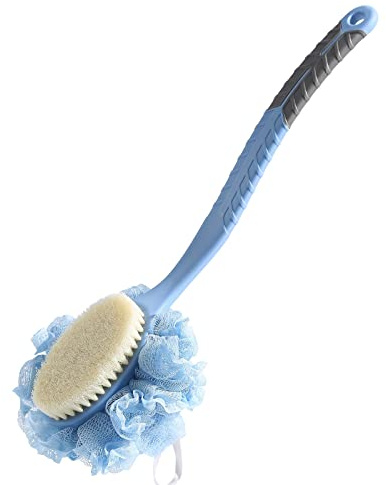 [2nd Generation] Shower Body Brush with Bristles and Loofah,Back Scrubber Bath Mesh Sponge with Curved 16 Long Non-Slip Handle Skin Exfoliating Massage Suitable for Men and Women (Blue)