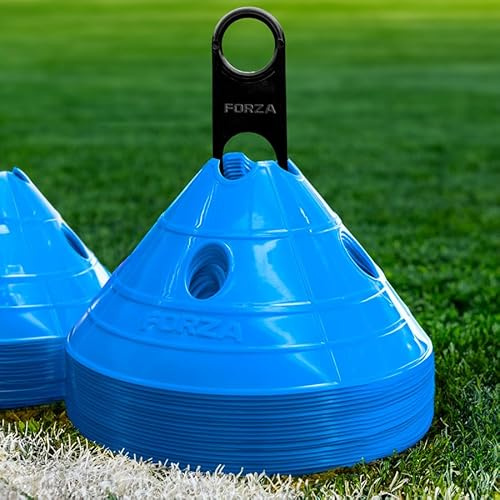 FORZA SuperCone Träningsmarkör kupoler – [välj din flurofärg] | 14 cm x 30 cm (H x B) | Förpackning med 20 sport-/fotbollsträningsutrustning | stora väderbeständiga PVC-koner (himmelsblå)