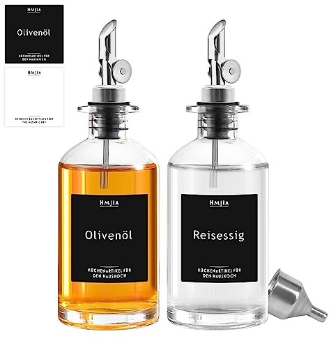 HMJIA Bouteille Huile Olive et Vinaigre Set Pour Cuisine Avec Bec Verseur en Acier Inoxydable 304 Distributeur Récipient à Condiments Liquides Paquet 2 de 350ML Avec 78 Autocollants (Argent)