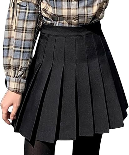 DRESHOW Rétro Jupe Basique Elastique évasée Mini Jupe Plissée Patineuse Décontractée Pour Femmes Filles, Pleated Mini Skirt 04-Black, XXL
