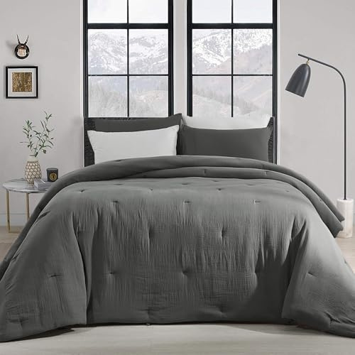 HOMBYS 100% Cotton Muslin Comforter Oversized King 128x120, Lightweight and Breathable Down Alternative Comforter,Soft Gauze Summer Dark Grey Reversible Fluffy Duvet Insert