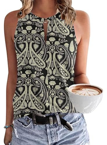 WNEEDU Canotta da Donna Canotta Estiva Senza Maniche Canotte Sexy con Scollo a V Camicie da Spiaggia Casual Camicetta Top Boho Floreale Nero L