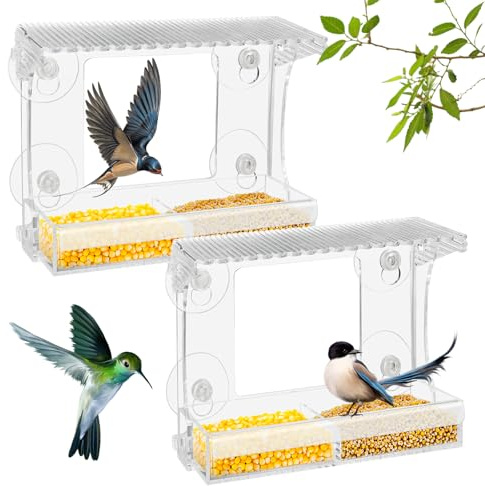 Cieex 2 Stück Fenster Vogelfutterhaus für Wildvögel, Transparent Vogelhaus Fensterscheibe mit Saugnäpfe, Acryl Vogelfutterspender für Meisen, Spatzen & Wildvögel 18.4 x 14.5 x 8 cm