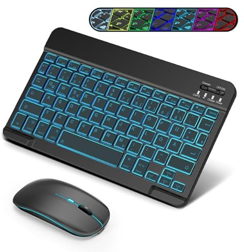 SOPPY Bluetooth Tastatur & Maus mit Hintergrundbeleuchtung,Tragbare wiederaufladbare kabellose Tastatur & Maus kompatible mit Pad/Sam-Sung/Android/Windows, DE QWERTZ Layout, Schwarz Beleuchtet