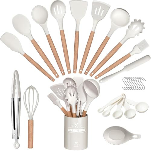 29PCS Kitchen Utensils Set - Nonstick, Heat Resistant Silicone Cookware with Wooden Handle, Spatula Spoon Tongs Set, Kitchen Tools & Accessories for Cooking (White)