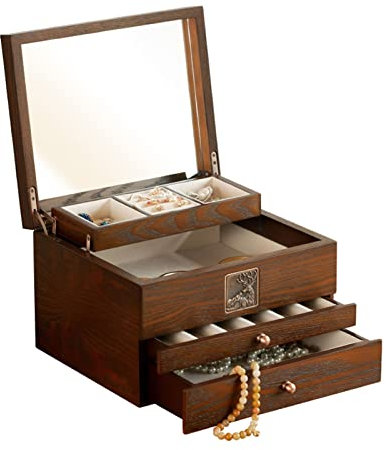 ABNNHK Portagioie Organizer Portagioie, Organizer in Legno con Combinazione per Donna Grande cassettiera Contenitore portagioie Specchio, Velluto (4 cassetti, Marrone Rustico) Organizza g