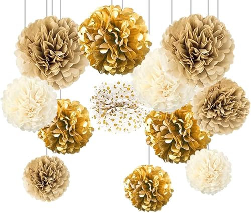 Party Decoration, 12 Pcs Gold WhiteTissue Paper Pompoms, Hanging Gold Cream Paper Pom Poms, Creamy White Paper Flowers for Engagement, Wedding, Birthday Party Deco