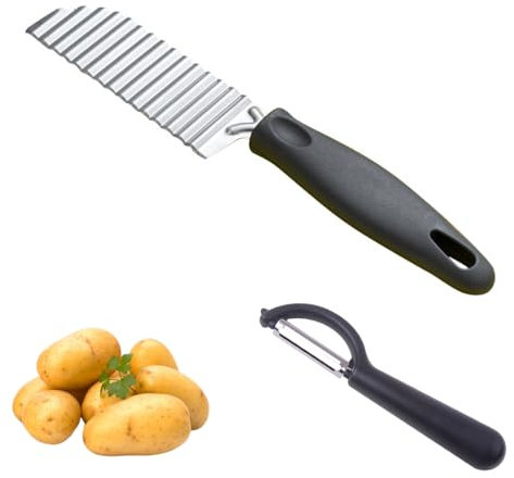 NHPY Taglierina per Patate, Coltelli per Patate con Manico Lungo, Tagliapatate ondulate, Coltello Ondulato Verdure in Acciaio Inossidabile,Con uno 1 spelucchino,per Tagliare Patate, Cipolle, Pomodori