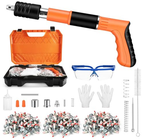 Pistolet à clous manuel, pistolet à clous 5 vitesses avec 300 clous ronds, pistolet à clous pour béton et acier, pistolet à clous portable pour coupe-fil/plafond avec gants (Orange, L)