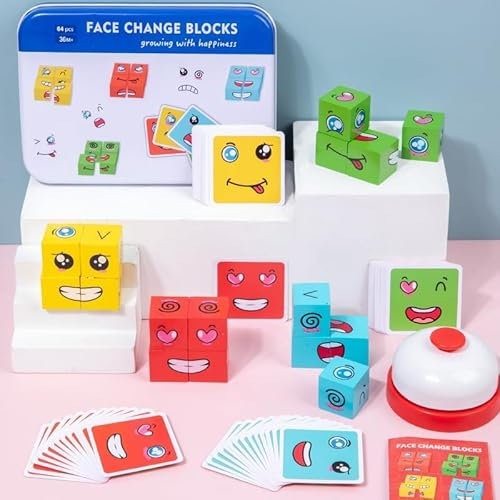 Holzwürfel Puzzle Spielzeug, Denkspiel Sensorik Bunte Zauberwürfel Baustein Spielzeug Pädagogisches Montessori Spielzeug für Kinder ab 3 Jahren, Interaktives Baustein Spielzeug mit Glocke und Sanduhr