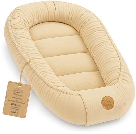 Musselin Babynest Nestchen Baby 90x50 cm - Babynestchen Neugeborene Nest für Kinder Bett und Babybett tragbar Kuschelnest Coccon für Jungen und Mädchen Baumwolle Hellbeige