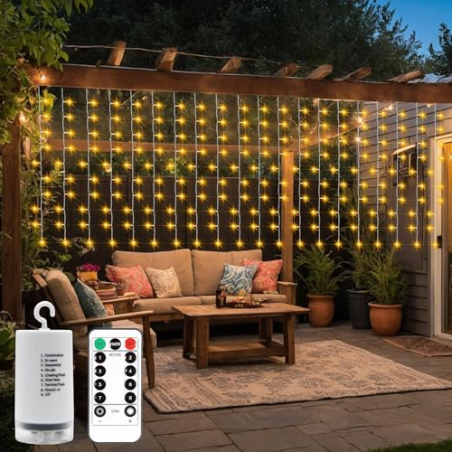 CCILAND Battery Curtain Lights with Remote, 4M x 1M 200 LED Curtain Lights Outdoor Waterproof with 8 Modes Timer Dimmable for Garden Fence Gazebo Wall Party Decor (Warm White)