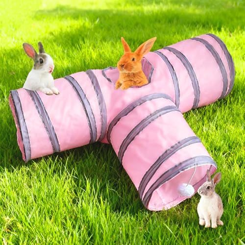 Mabaytir Rabbit Tunnels & Tubes Collapsible 3 Way Pink Grey, Play Tunnel Tube Toy with Hanging Ball for Kitten, Puppy, Bunny, Ferret, Interactive Toys for Fun Playtime & Exercise