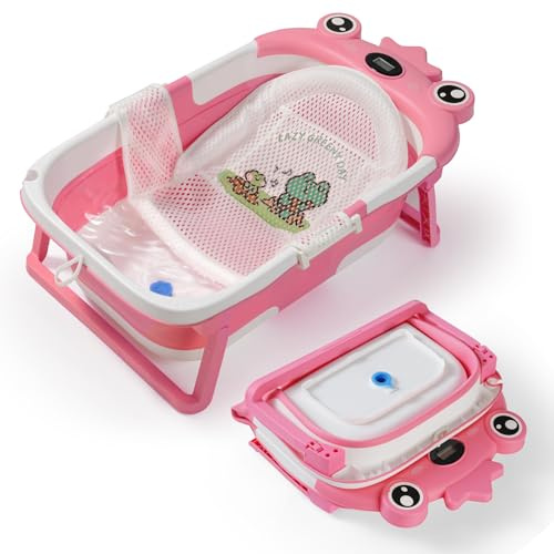 Baby Bathtub Collapsible with Cushion & Thermometer, Foldable Travel Tub