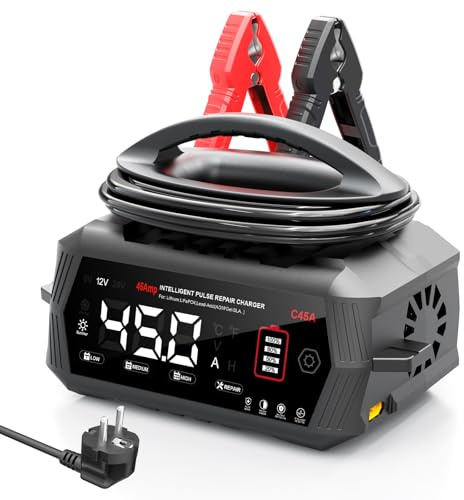 Haisito, caricabatterie intelligente da 45 A, 6 V/12 V/24 V, con display LCD, manutenzione della batteria, carica di mantenimento e solfatazione per AGM, litio, LiFePO4, acido piombo (moto, camper