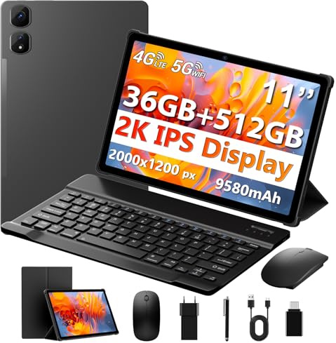 MAXLEGEN Tablet 11 Zoll Cellular, 2K FHD, 36GB RAM+512GB ROM/1TB TF, 4G LTE Dual SIM+5G WLAN, 2GHz Octa-Core Android 15 Tablet mit 9580mAh Akku, 13MP, GPS, GMS, mit Tastatur/Stift/Maus/Hülle