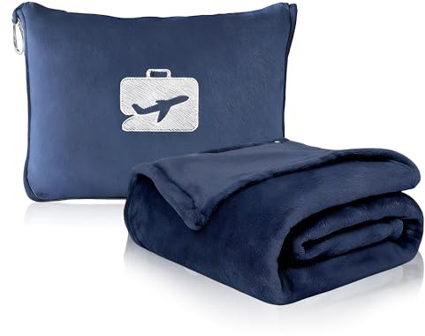 ForestM Travel Blanket and Pillow, Ultra Soft 2 in 1 Airplane Blanket with Compact Pillowcase, Luggage Strap, Lightweight Travel Essential, Ideal for Long Flights, Camping, Sunset (Navy Blue)
