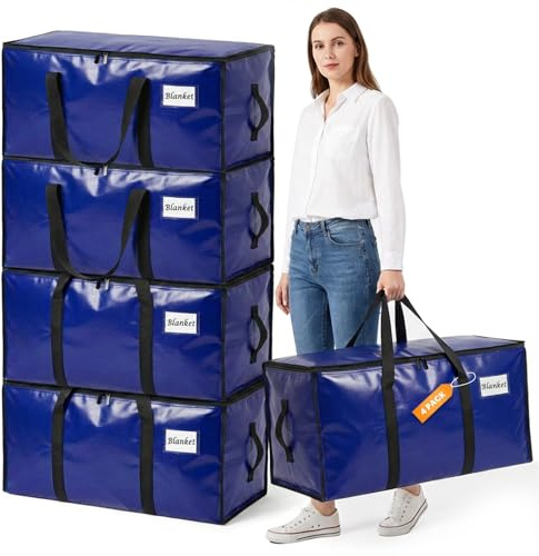RICHER HOUSE 90 L kraftiga flyttlådor och förvaringsväskor för kläder, 4-pack stora flyttväskor med lock och ryggsäcksremmar, vattentäta packväskor för studentrum, camping, högtidsdekor, blå