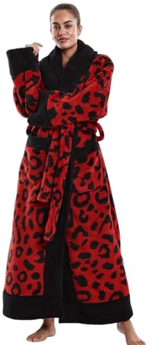 Surwin Albornoz Ducha Microfibra Mujer Hombre, Albornoz Largo con Cinturón Unisex Bata de Casa Invierno Talla Grande Bata de Baño Cálido Invierno para Adulto (Leopardo rojo,Talla única)