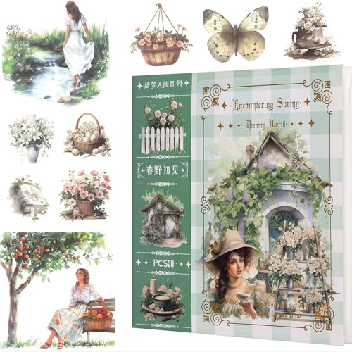 Bafutayawa Sticker, 50 Hojas de Accesorios para Diario & Scrapbook, Libro de Pegatinas Washi para Diario Junk Diseño Acuarela para Adultos