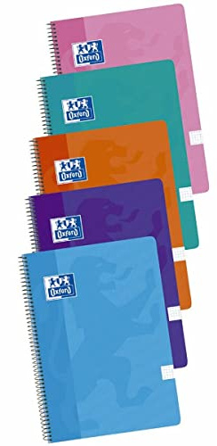 Oxford, Cuadernos A4 (Folio), Cuadrícula 4x4 Tapa Plástico, 80 Hojas. Pack 5 Libretas, Colores Surtidos Tendencia